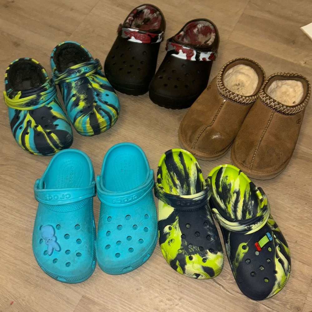 kids crocs + ugg slippers